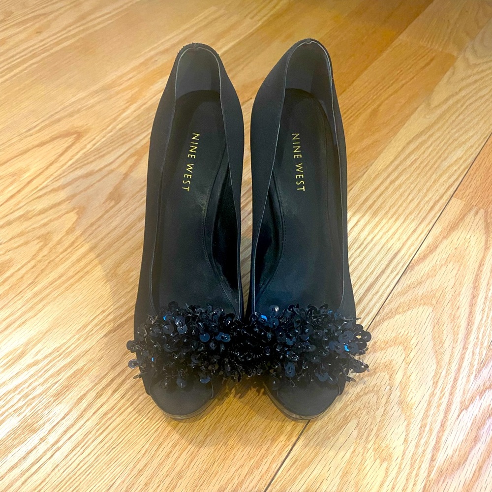 Nine West Black Sequin Peep Toe Pump